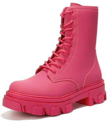 Bottes de combat à talon épais pour femme - Bottines à lacets pour l'automne et l'hiver - Style streetwear - Confortables - Talon bloc (Chrisley), rose, 36 EU