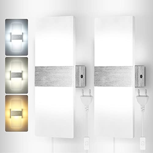 CHENBEN Wandleuchte Innen,12W Wandlampe mit Schalter und Steckdosenspeicher für Wohnzimmer, Schlafzimmer, Flur, Treppenhaus, Lesen 3000K 4000K 6500K, 2 Stück