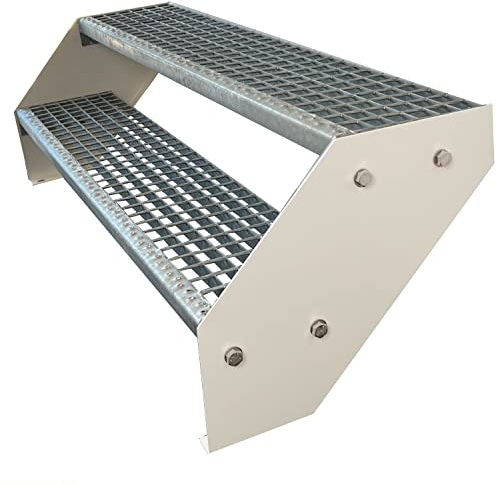 Escaleras de zanca de acero 2 Escalones Totalmente galvanizada y Blanco con recubrimiento de polvo - Medidas (L x A x A) 44cm x 80cm x 38cm Resistente a la intemperie y la corrosión