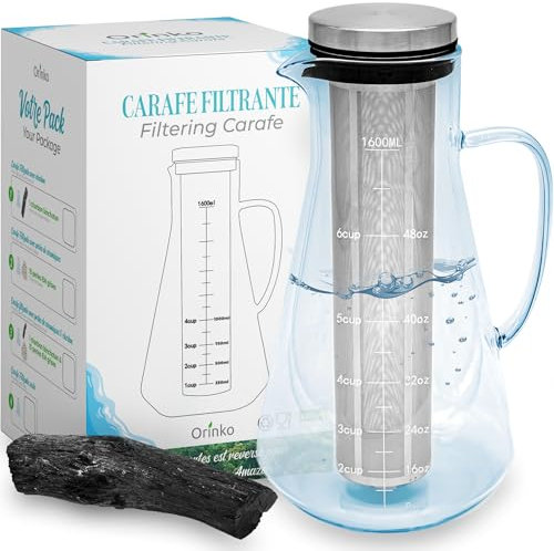 ORINKO Kit de Purification d'Eau : Binchotan et Carafe en Verre, Binchotan de Kishu Bio 40 g avec Carafe Filtrante 1,6 L, Charbon Actif Japonais pour Eau + E-Book