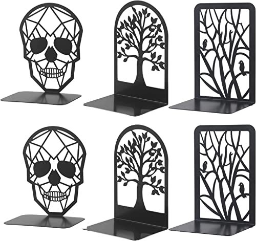3Pairs Metal Bookends Skull Decorative, Fortune Tree Design and Resting Bird Design, Decorative Bookend Black Book Ends