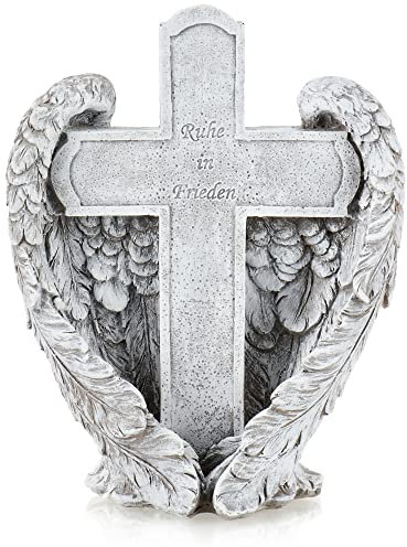 com-four® croce decorativa per tomba con ali e iscrizione - croce tombale resistente alle intemperie con ali d'angelo e iscrizione - pietra funebre con memoriale (01 pezzo - croce con scritta)