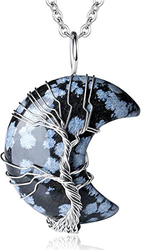 XIANNVXI Halskette Damen Silber Kette Kristalle Schneeflocke Obsidian Mondsichel Ketten Anhänger Kristall Kette Baum des Lebens Natürliche Energie Edelsteine Schmuck Frauen Geschenk