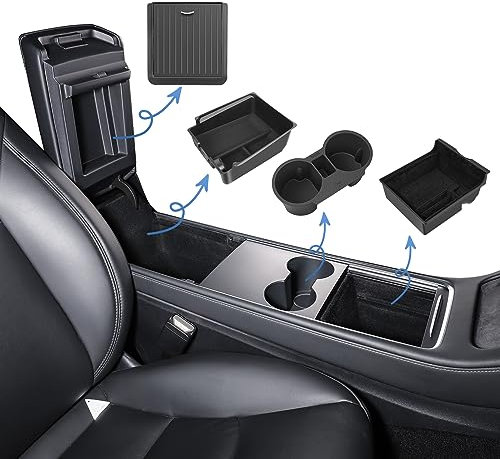 ShowEv for Tesla Model 3 Y Centre Console Organiser Armrest Storage Box Armrest Hidden Storage Box Centre Consoles Drink Holder for Model 3 Y Accessories (Black, 4Pcs)