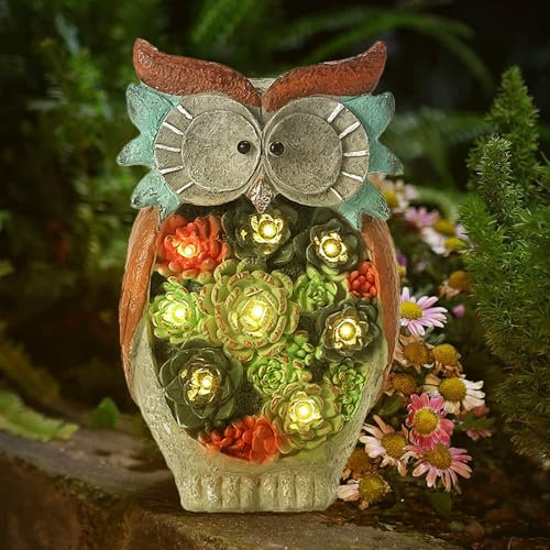 OKESYO Solar Gartenfiguren Eule Gartendeko für Draußen mit Sukkulenten und Wetterfest LED Leuchten, Solar Garten Statue Home Balkon Dekoration, Geschenke für Frauen Männer Mama