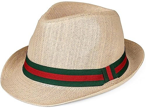 Mens Straw Trilby Summer Sun Beach Holiday Hat Striped Band Stylish Fedora (as8, Alpha, m, Natural Green Band)