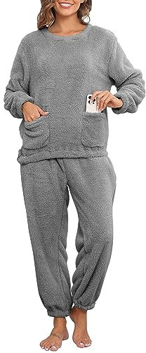 Joligiao Set Pigiama Donna in Pile Teddy, Pigiama Invernale Caldo e Morbido, Felpa Pigiama Donna Caldo a Maniche Lunghe in Pile con Due Tasche per Top e Pantaloni, Termici Ensembles Sleepwear