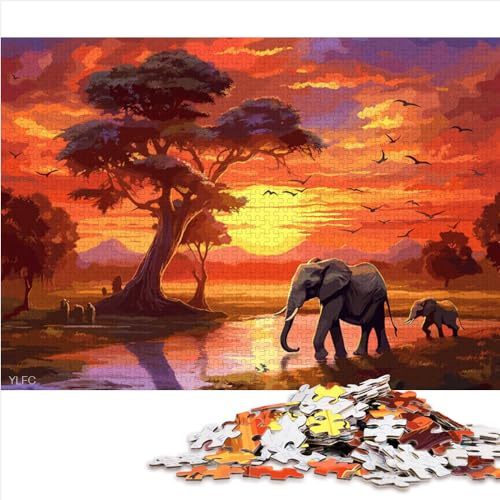 1000 Teile Puzzle Elefanten Afrika Sonnenuntergang - Lustige Papppuzzles für Erwachsene - Weihnachtspuzzle Geschenke für Frauen (26 x 38 cm)