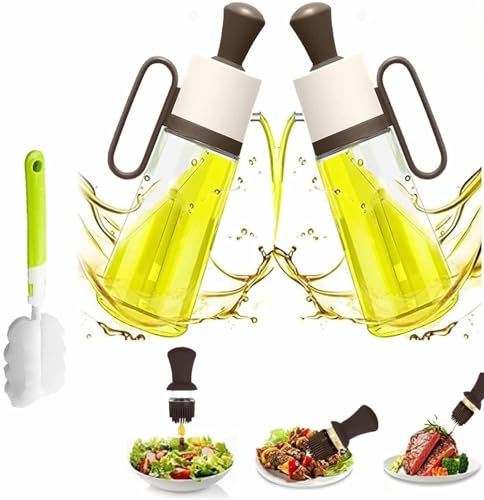 ZASAMIBA Pack of 2 Oil Dispenser Bottle for Kitchen - 550ml 3 in 1 Olive Oil Dispenser With Brush - Olive Oil Bottle Drizzler, Glass Oil Bottles For Kitchen, Air Fryer, Cooking, BBQ (Brown,Pack of 2)