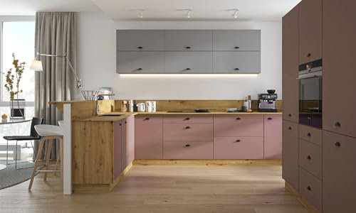 Feldmann Preiswert Wohnen L-Form Küchenzeile 'Bonn' Küchenblock 170x310cm Vollauszug Eiche Artisan Front dust Grey - rosé Kupfer matt