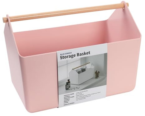 BLUE GINKGO Large Storage Basket – Plastic Caddy with Wooden Handle for Bathroom, Pantry, or Cleaning Supplies (Pink)