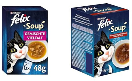 FELIX Soup, Suppe für Katzen mit zarten Stückchen, Sorten-Mix, 8er Pack (8 x 6 Beutel à 48g) & Soup, Suppe für Katzen mit zarten Stückchen, Geschmacksvielfalt vom Land, 8er Pack (8 x 6 Beutel à 48g)