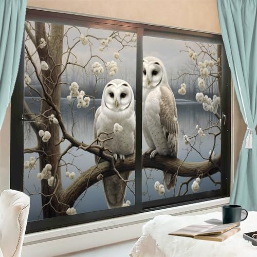 AEMYSKA Rustikale Eule Vogel Fensterfolie, hitzeblockierend, niedliches Tier, moderne weiße Blume, Privatsphäre, Fensterdekoration, Glastürabdeckung, nicht klebende Fensterfolie für Badezimmer, Küche,