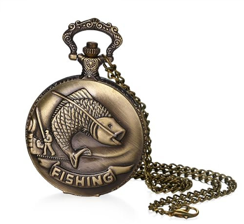 Avaner Taschenuhr mit Kette Fischen: Vintage Taschenuhr mit Arabischen Ziffernskala Halskette Pulloverkette Analoger Quarz Uhr als Geschenk für Männer Frauen