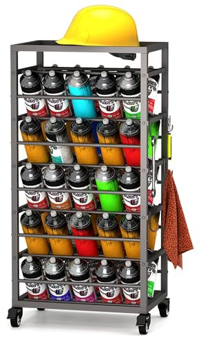 50 Can Spray Paint Rack Organizer, Metal Spray Paint Can Storage Holder, Rolling Spray Paint Cart with Storage Tray, Aerosol Can Storage Shelf for Garage, Craft Workrooms