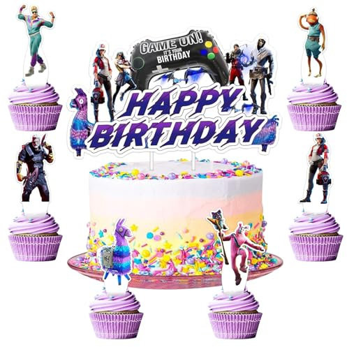Ctxtqtdt 25 Pièces Decoration Gateau Anniversaire Fortnit Garcon Fille, Joyeux Anniversaire Decoration Gateau Fortnit, Cake Topper pour Fournitures de Fête d'Anniversaire Enfant (B)