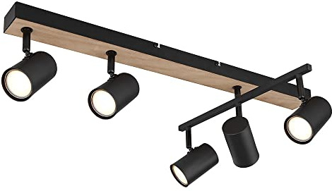 Deckenstrahler schwarz Spot Deckenleuchte Spotleiste 5 flammig, Metall MDF Holzoptik skandinavisch, 5x GU10 Fassungen, LxBxH 70x35x18cm