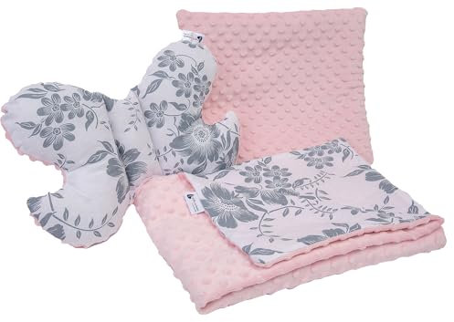 Medi Partners Babydecke Krabbeldecke Set 3in1 100% Baumwolle Minky Kinderdecke 55x75 + 35x30cm flaches Kissen und Anti-Schock-Kissen Schmetterling (Berry mit rosa Minky)