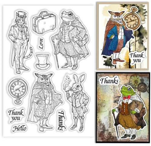 GLOBLELAND Retro Gentleman Tier Transparente Stempel für Scrapbooking Frosch Eule Klare Stamps Katze Kaninchen Silikonstempel Für Kartengestaltung DIY Prägung Journaling