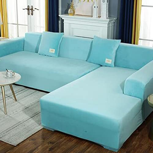 DFVEKYOW Luxuriöser Samt-Sofabezug, dick und waschbar, Plüsch-Sofa-Schonbezug, Möbelschutz, weich mit rutschfester elastischer Unterseite, für 4-Sitzer, Couch, Hellblau, 3-Sitzer, 190–230 cm
