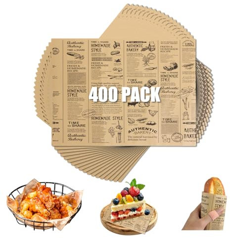 LOPYXBR 400PCS Greaseproof Paper Sheets, 38 x 28cm/15 x 11inch Food Wrapping Papers, Fish and Chip Papers Sheets, Old Newspaper Style Burger Paper Sheet for Fish Chip Burger Sandwich Wrapping (Brown)