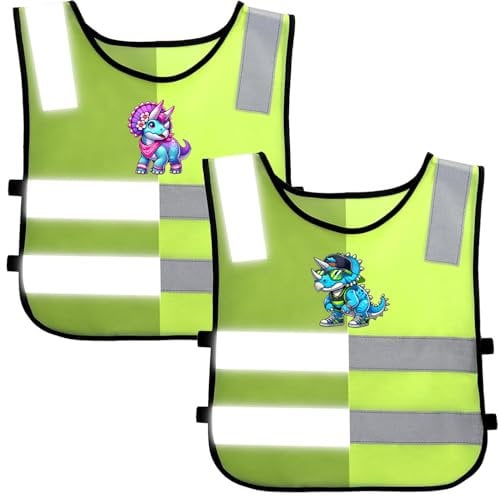 Lanpeeking 2er Set Kinder Warnweste – Reflektorweste mit Blauem und Pinkem Dino-Design, 360° Sichtbarkeit, Sicherheitsweste für Kinder, Ideal für Schule, Sport und Outdoor-Aktivitäten,Geburtstagsweste