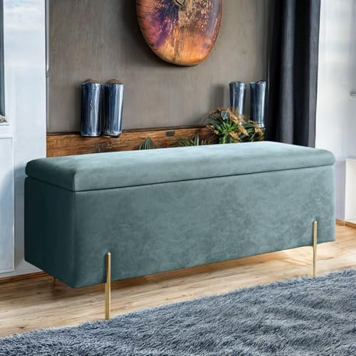 Harveys Living Ottoman Storage Box - Engineered Wood Luxurious Plain Plush Velvet Ottoman Storage Bench (Duck Egg, Plain)
