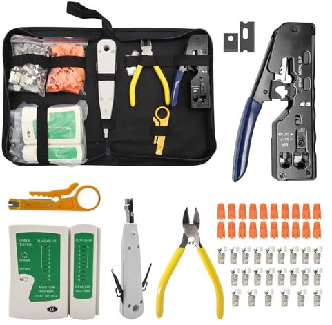 Netzwerk Werkzeug Set,RJ45 Crimpzange Netzwerkstecker Set Mit 20 X RJ45 Stecker Cat7/Cat6a Pass Through,Netzwerktester,LSA Auflegewerkzeug,Abisolierzange,Profi RJ45/RJ11/RJ12 Reparaturwerkzeug