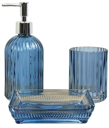 3 Piece Blue Ribbed Glass Bathroom Sink Accessories Set Liquid Soap Lotion Dispenser Tumbler/Toothbrush Holder Cup Rectangular Soap Dish