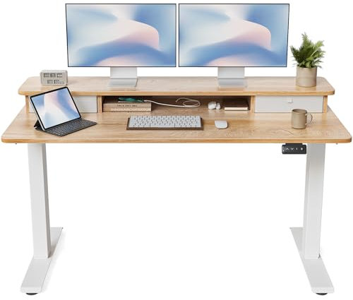 FEZIBO Electric Height Adjustable Standing Desk, 140x60cm, with Double Drawers and Storage Shelf, Maple
