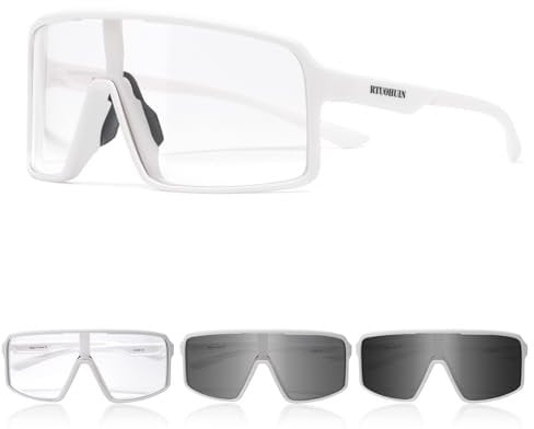 RTUOHUIN Fahrradbrille Selbsttönend für Herren Damen Photochromatische Sport Sonnenbrille UV400 Schutz Klar Rennrad Brille TR90 Rahmen Schnelle Radfahren für Radsport,Laufen,Outdoor-Sport - Sand-Weiß