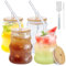 Anhow 4er Gerippte Trinkgläser, 500ml Cocktail Gläser Longdrinkgläser mit Deckel/ 4 Glasstrohhalmen für Wasser, Cocktails, Saft - Glatte Rippe