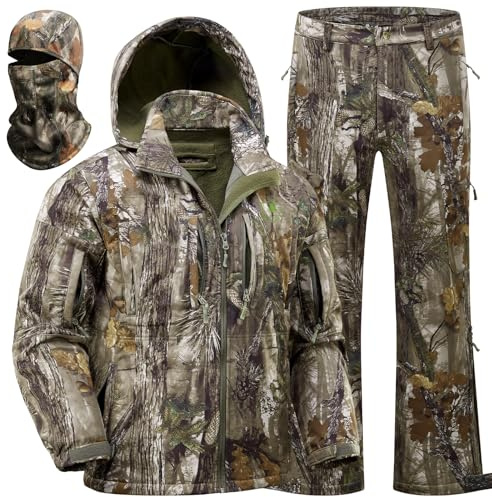 Wild Cedar Camo Hunting Clothes for Men with Fleece Lining,Quiet Insulated Hunting Jacket and Pants, Water Resistant Suit for Cold Weather Deer Duck Hunting