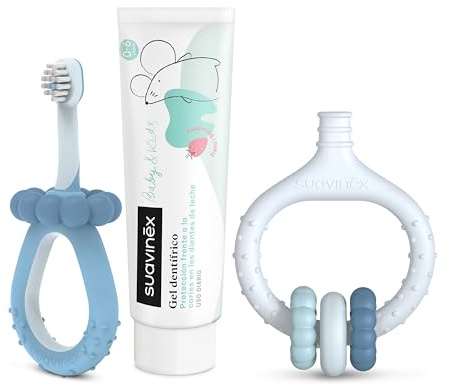 Suavinex, Starter-Set zur Zahnpflege, inkl. Zahnbürste für Babys + Zahnfleischmassagegerät + Zahnpasta für Babys, zum Verschenken, ergonomische Griffe, für den täglichen Gebrauch, ab 0 Monaten, Blau