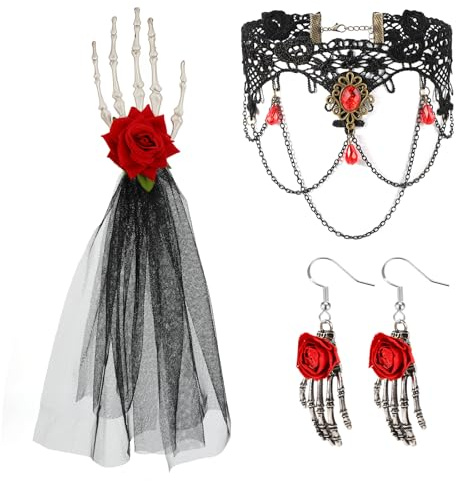 MWOOT Pince à Cheveux Main Squelette Rouge Rose Collier Ras Du Cou Gothique en Dentelle Boucles d'Oreilles Main Squelette, Accessoire de Costume Femmes pour Halloween Jour des Morts Carnaval Mascarade