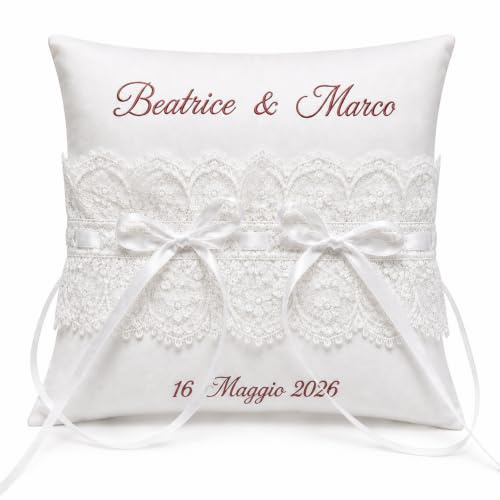 Tulle e MERAVIGLIE Cuscino Porta Fedi Matrimonio Personalizzato con Nomi e Data, Portafedi per Nozze e Anniversari, Fatto a Mano in Cotone e Pizzo, 4 Misure Disponibili