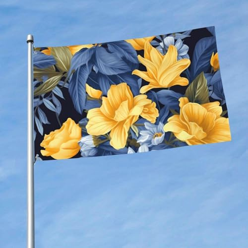 Flagge, 90 x 152 cm, blaue Basis, gelbe florale Flaggen, Urlaub, Gartenflaggen für alle Jahreszeiten, Allwetterflagge für Schlafsaal, Raumdekoration, Partys im Freien