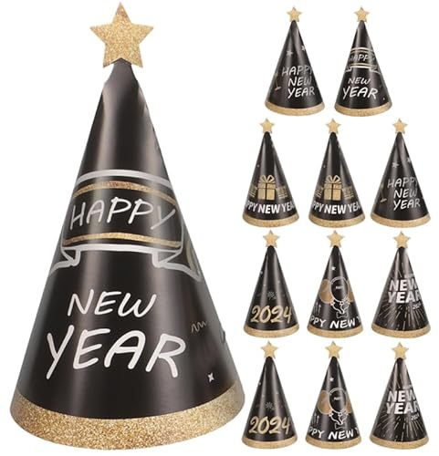 TOBBOMEY 12 StüCk Neujahrsparty-HüTe 2024 Papierschutzkegel Mit Frohes Neues Jahr Dekorationen Festliche Muster Partygeschenke Und Fotorequisiten FüR Silvesterfeier