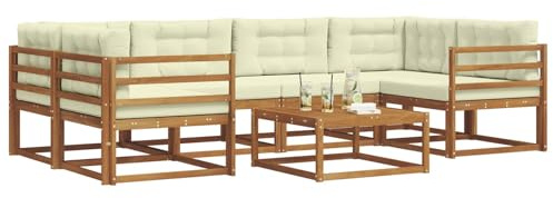 vidaXL Outdoor-Sofagarnitur mit Kissen 7 pcs Natur und Creme, Modernes Outdoor-Sofaset, langlebige Gartenmöbel für Patio, Poolbereich, Hinterhof-Couch und modulares Sofa.