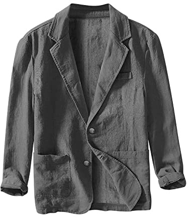 Chaqueta Lino Blazer Hombre, Hombre Casual Talla Grande Manga Larga Holgados Solapa Cazadora con Botones Color Sólido Moda Cómodo Abrigo con Bolsillos para Uso Diario Verano