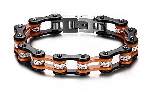 Joielavie Braccialetto per bicicletta e moto con strass in acciaio inossidabile con diamanti sintetici, stile punk e biker, catena da uomo, colore: arancione
