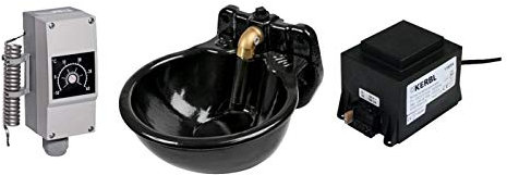 Kerbl Tränke Set: beheizbare Tränke 80 Watt 24V mit 100 Watt Trafo Frostschutz Thermostat und Schutzbügel Gusseisen Tränkebecken, Frostsicher bis -20°C Pferd Rind Pferdetränke Rindertränke