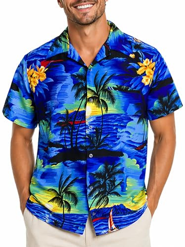 King Kameha Herren Hawaiihemd Kurzarm, Sommer Aloha Shirt mit Surfen-Print