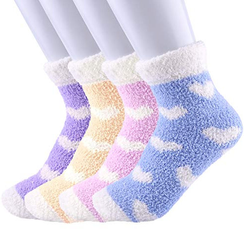 FEPITO 4 Pairs Women Fuzzy Bed Socks Winter Fluffy Cozy Socks Slipper Socks for Ladies(Random Color)