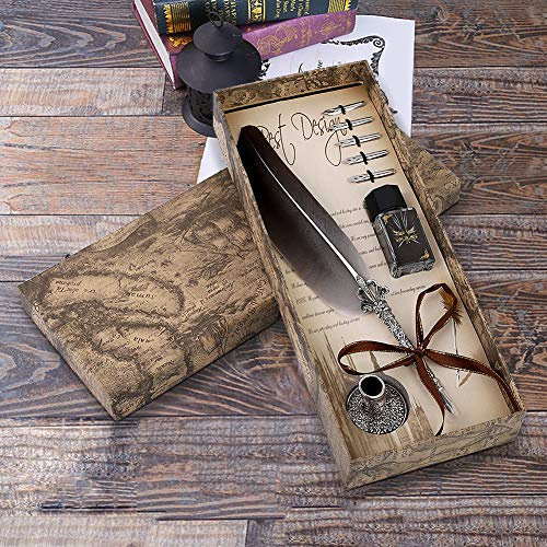 Handmade Dip Pen, Nib Calligraphy Quill Pen Set Vintage with 5 Replacement Tips and Ink Bottle Hand Dipped Antique Copper Calligraphy Pen for, black, Retro