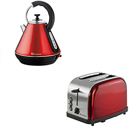 SQ Professional Kettle & Toaster Sets Rapid Boil Electric Kettle Stainless Steel Toaster 2 Slice 6 Browning Controls Defrost Reheat, Crumb Tray (Gems Ruby Red)