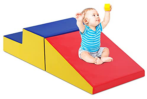 GOPLUS 2er Set Schaumstoffbausteine, Softbausteine zum Klettern & Rutschen, Riesenbausteine aus Kunstleder & Schaumstoff, Großbausteine für Baby & Kleinkinder (Blau+Rot)