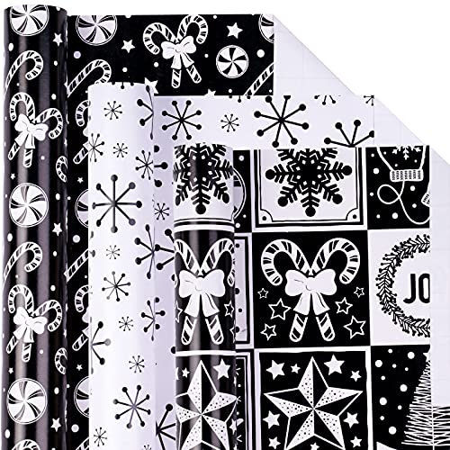 LeZakaa Weihnachts-Geschenkpapier Mini-Rolle – Glocke & Baum/Zuckerstangen/Schneeflocken in Schwarz & Weiß für Geschenkverpackung, Kunsthandwerk – 43,2 x 304,8 cm – 3 Rollen (42,5 sq.ft.ttl.)
