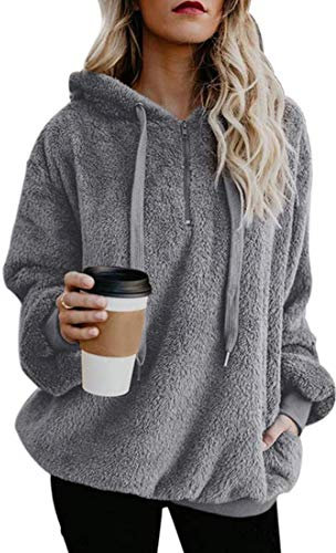 Durio Hoodie Damen Fleece Kapuzenpulli Teddy Fleece Pullover Decke Hoodie Oversize Sweaterpullover Winter Warm Grau S