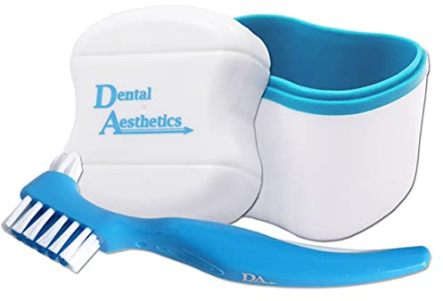 Denture Bath & Double Bristle Head Brush (Blue Bath, Blue Brush)